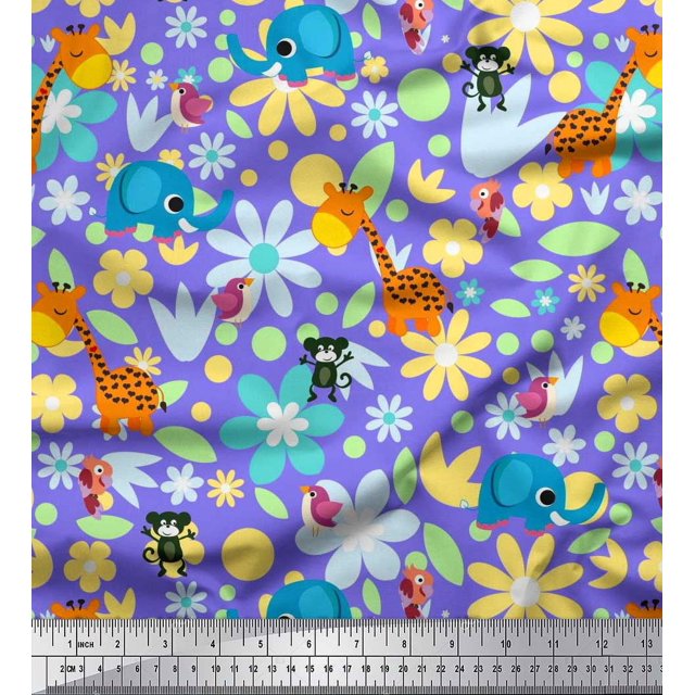 Soimoi Poly Georgette Fabric Floral,Bird & Animal Cartoon Printed Fabric 1 Yard 52 Inch Wide