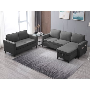 BALUS 2 Pieces Couch Set, L Shaped Sofa with Storage Ottoman and Loveseat, 6-Seats Sofa Couches, Living Room Set Furniture, Linen, Dark Gray