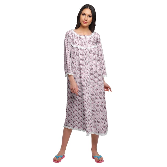 Moomaya Coton Femme Longueur Genou Manches 3/4 Chemise de Nuit Imprimée Tenue de Nuit