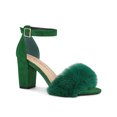 thumbnail image 1 of BLISSFUL STEP Women's Ankle Strap Faux Fur Block Heels Sandals Green (Size 9), 1 of 6