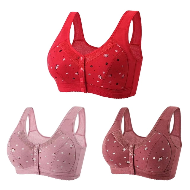 Lenpel Women's Plus Size Front Closure Bras 3 Pc No Underwire Printed Full Coverage Bralettes Comfortable Everyday Bras(Red,3X-Large)