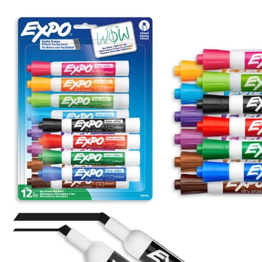 Marqueurs effaçables à sec EXPO, encre à faible odeur, couleurs variées, pointe biseautée, 12 unités