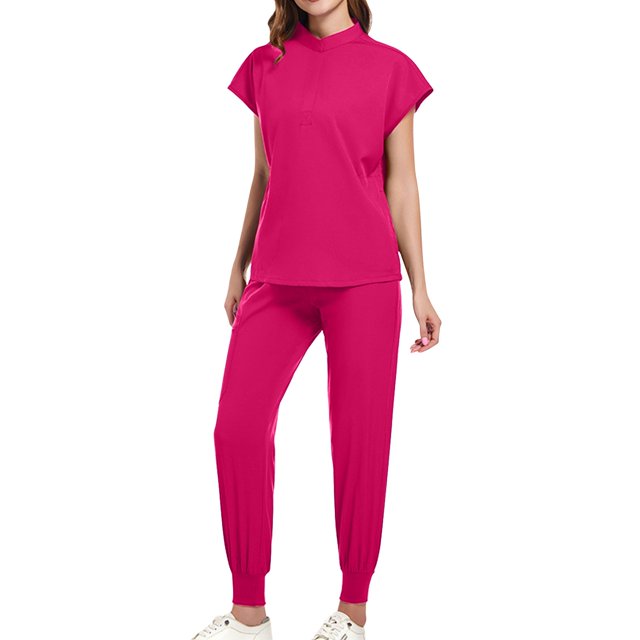 Ensemble Assorti de Sarraus pour Femmes, Hauts Extensibles à Col Rond avec Poches et Pantalons Cargo, Ensemble d'Uniforme de Travail Jogger pour Infirmière