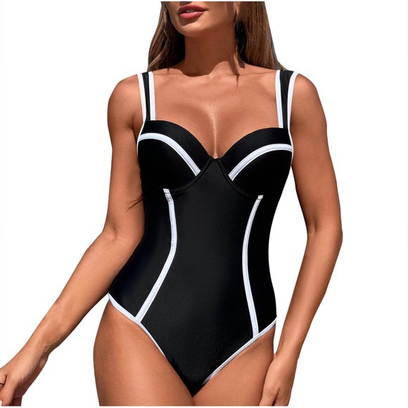 FRSASU Women's One Piece Swimsuit V Neck Color Block Back Cutout Waist Cinching Bathing Suit Underwire Wide Straps Black M(M)