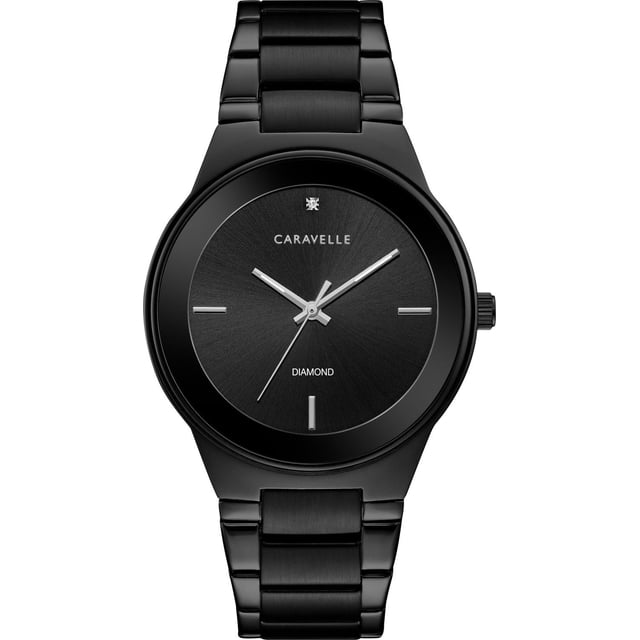 Caravelle Mens Black Quartz Watch with 40mm black IP stainless steel case and bracelet, matte black dial featuring minimalist hour markers and a single diamond at 12 o'clock, silver-tone hands, and water resistance up to 30m, ideal for everyday wear.