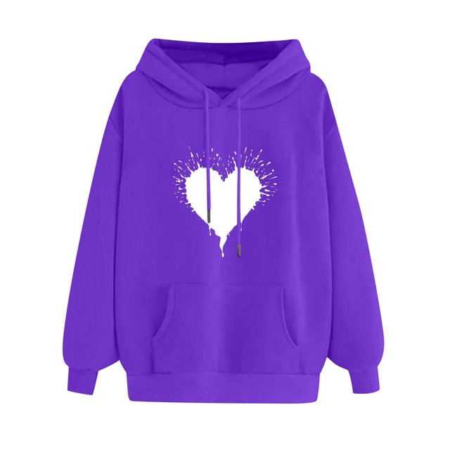 XZNGL Womens Comfortable Sweater Heart Pattern Printed Womens Hooded Pocket Drawstring Sweater