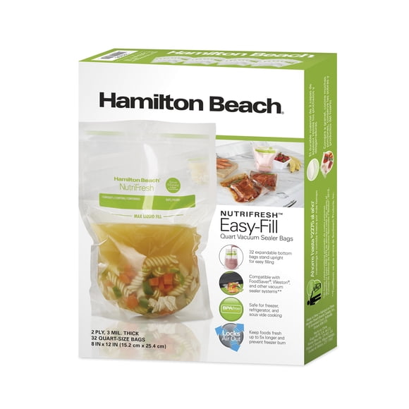 Hamilton Beach NutriFresh Easy-Fill Quart Vacuum Sealer Bags, BPA-Free Plastic, 78306