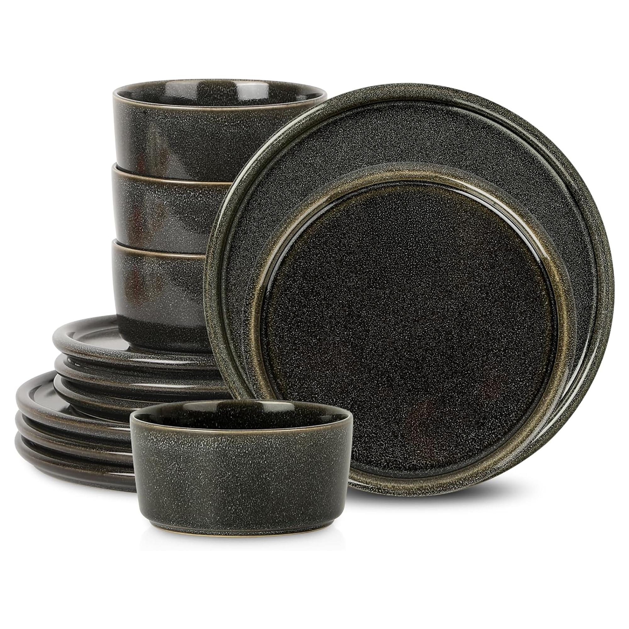 Stone Lain 12 Piece Modern Stoneware Dinnerware Set Plates, Bowls, Charcoal Grey