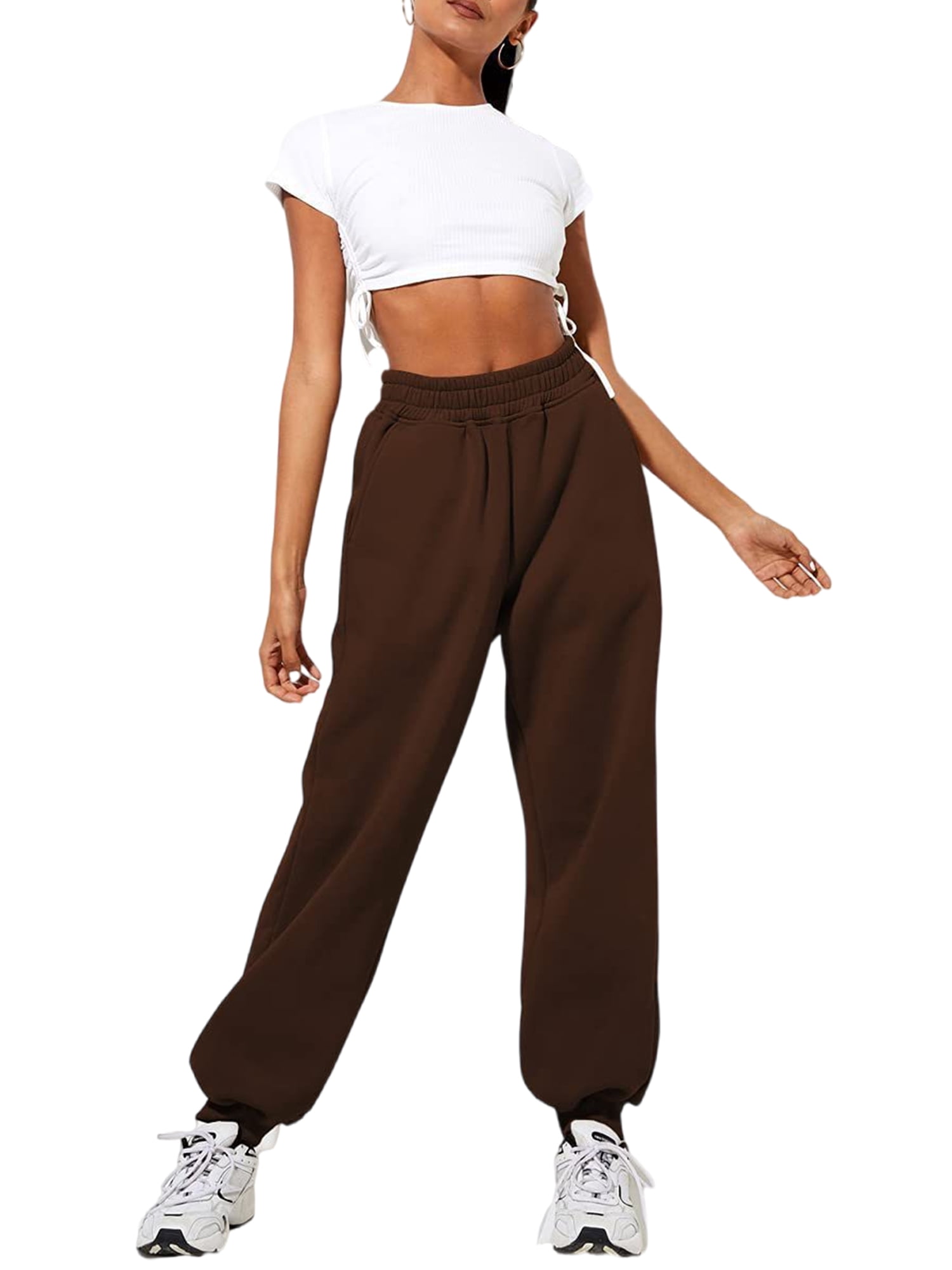 Innerwin Jogger Pants With Pockets Women Trousers Sports Solid Color Lounge Sweatpants Dark Brown L