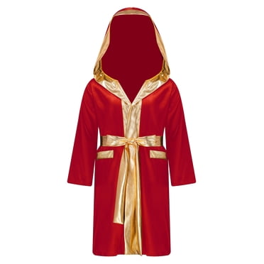 Doomiva Kids Boys Boxing Robe Martial Art Muay Thai Uniform Long Sleeve Kick Boxing Hooded Robe Outfits Burgundy 10