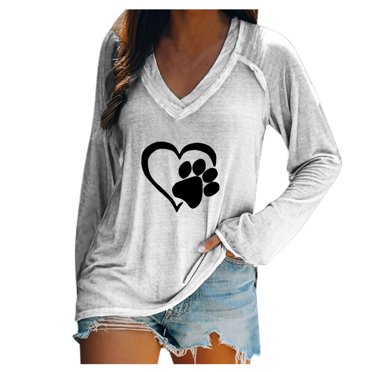 Pompotops T-shirt à Manches Longues pour Femme, Col en V, Imprimé, Ample, Décontracté, Mode, Automne