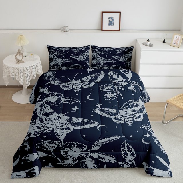 Erosebridal Floral Print Bedding Queen Comforter Set, Hippie Gothic Down Comforter, Moth Butterfly Decor, Breathable