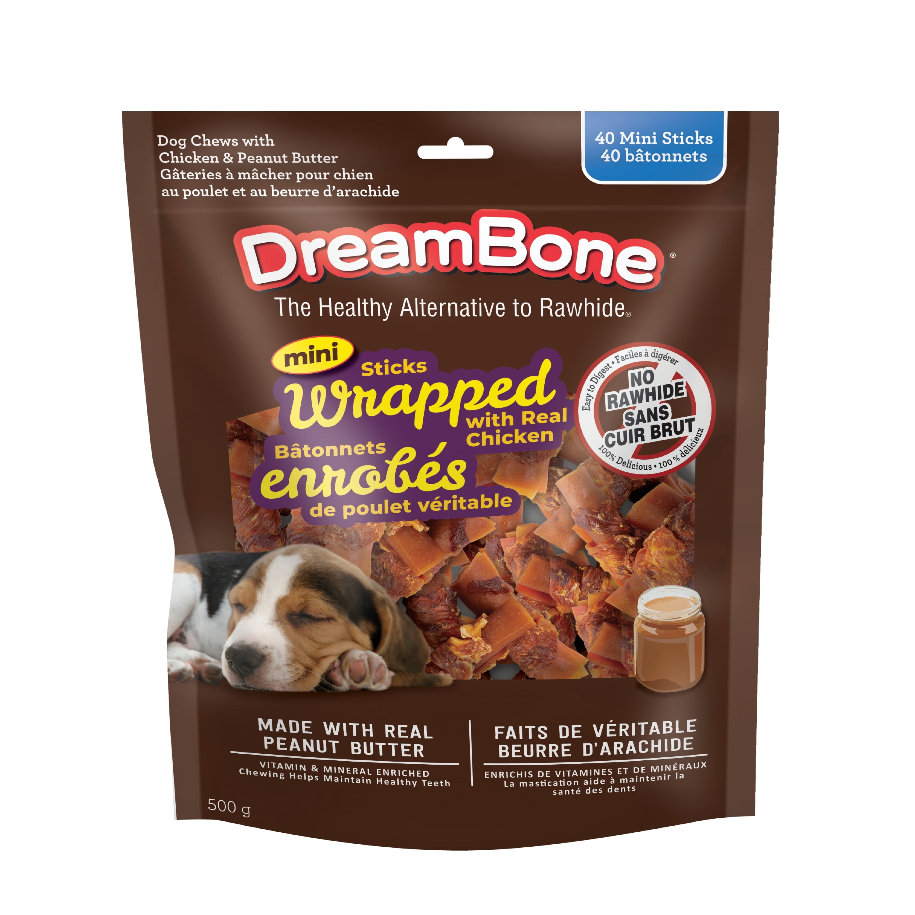 DreamBone Bâtonnets mini au beurre d’arachide 40 unités – Friandises pour chiens sans cuir brut, avec vrai poulet et beurre d’arachide, faciles à digérer