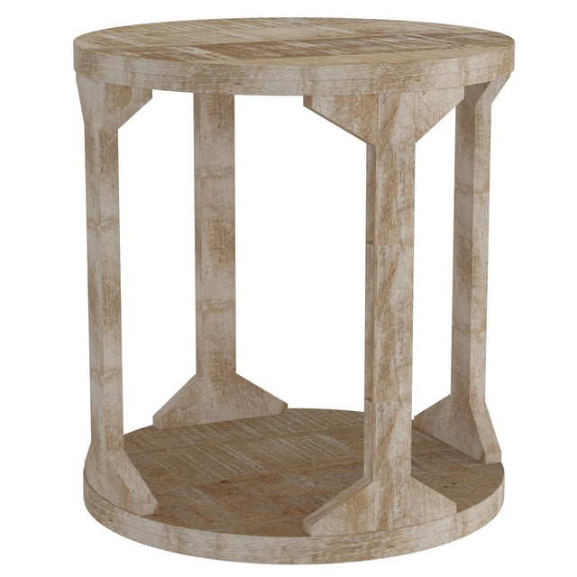 Table d'Appoint Moderne Rustique en Bois Massif Naturel Vieilli, une Table d'Appoint Ronde à Deux Niveaux Fabriquée en Bois de Manguier Massif Écologique avec une Finition Artisanale Présentant un grain Naturel et une Légère Fissure, Convient au Salon Ou au Couloir et Est Souvent Utilisée comme Support pour Plantes.