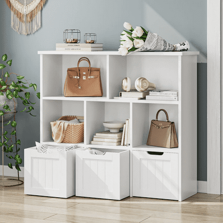 Homfa Organisateur de Rangement pour Jouets avec 3 Tiroirs Mobiles, Bibliothèque pour Enfants à 5 Cubes pour Salle de Jeux, Armoire de Rangement pour Salon, Fini Blanc