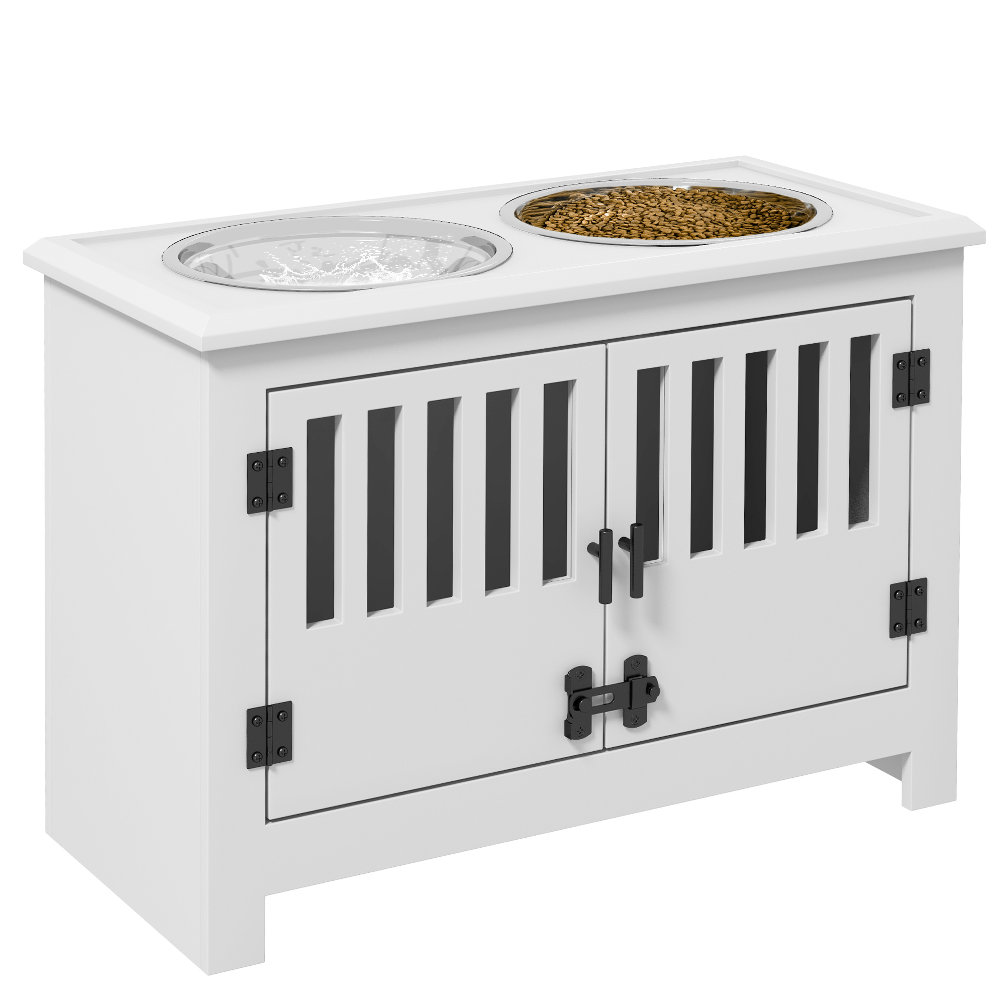 PawHut Bols Surélevés pour Chiens avec 2 Bols en Acier Inoxydable, Rangement, pour Chiens TG, Blanc
