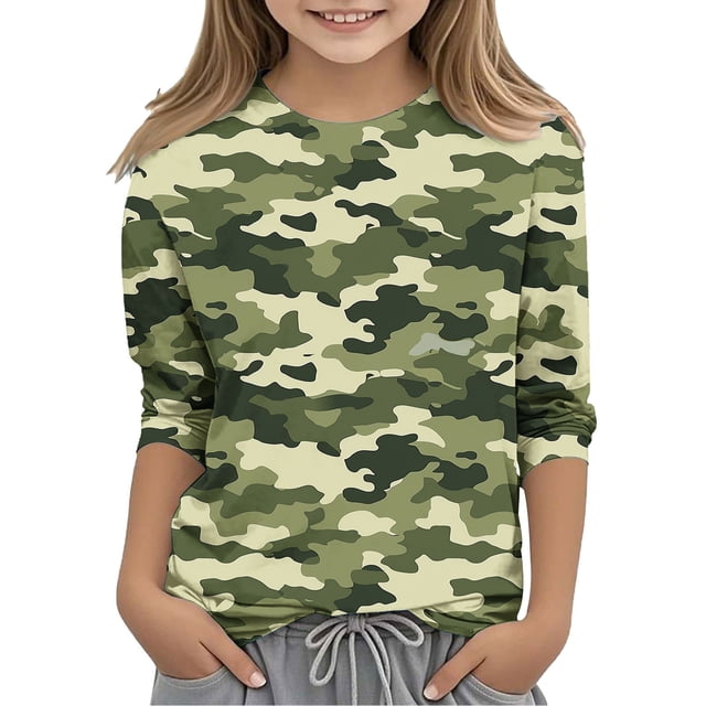 XZNGL Camouflage Print 3/4 Sleeve Round Neck Top for Kids , Soft Polyester-Spandex Blend , Breathable Fabric , Easy Pullover Design , Versatile Layering Piece , Machine Washable