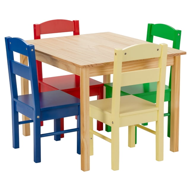 Costway Kids 5 Piece Table Chair Set made of pine wood with a multicolor design, including a natural wood rectangular table and four chairs in red, blue, green, and yellow. Suitable for children aged 2 to 6 years, this lightweight set is ideal for eating, reading, playing, or creating. The table measures 26” x 22” x 19” and each chair measures 10.5” x 11.5” x 21.5”.