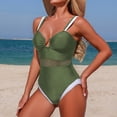 thumbnail image 2 of OHMZYZO Womens One Piece Swimsuit Mesh Panel Contrast Trim V Neck Ruched Tummy Control Bathing Suit For Beach Swimming Pool Vacation, 2 of 8