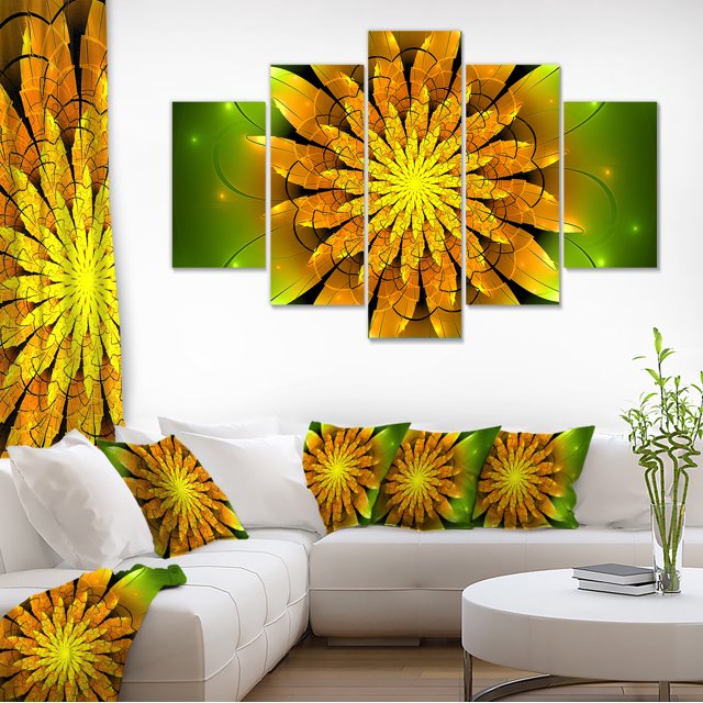 Bright Yellow Fractal Flower on Green - Floral Canvas Art Print