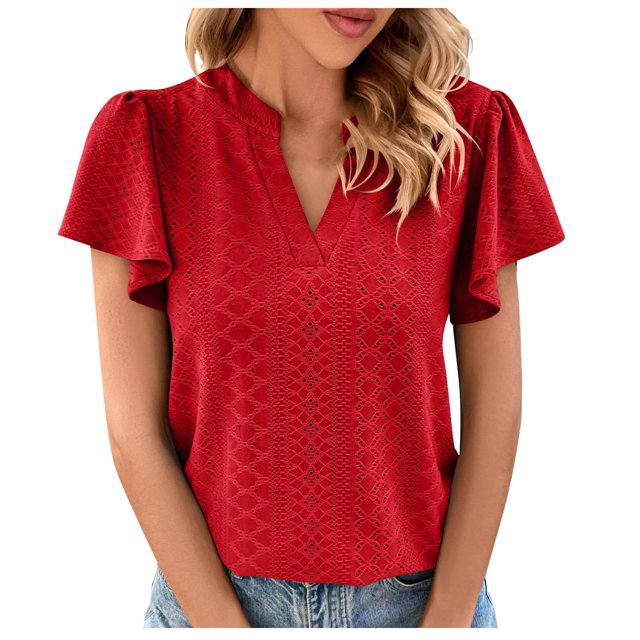 Birdeem Womens Spring and Summer Gold Lace Stitching V-Neck Solid Color Bottom T-Shirt Hollow Top