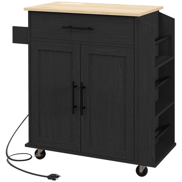 HOMCOM Kitchen Island with Storage and Power Outlets, Rolling Kitchen Cart in black and oak finish. Features a spacious top, a drawer, a cabinet with adjustable shelf, a towel rack, and a 3-tier spice rack. Includes 2 AC outlets and 2 USB ports for charging devices. Equipped with 4 rolling wheels, 2 with brakes, for mobility and stability. Made of particleboard with a melamine-coated surface for easy cleaning. Dimensions: 29.9 inches long, 15 inches wide, and 34.1 inches high.