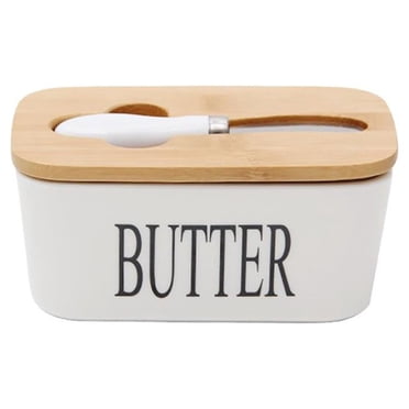 Maoww Boîte d'Étanchéité pour Beurre Assiette à Beurre en Céramique Couvercle en Bois et Plateau de Rangement pour Fromage Plat à Beurre Contenant Boîte
