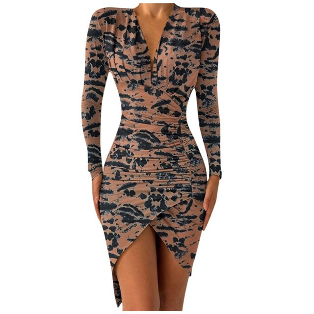 Pompotops Automne et Hiver Femmes Sexy V-Cou Imprimé Minceur à Manches Longues Fendue Fold Fessiers Robe