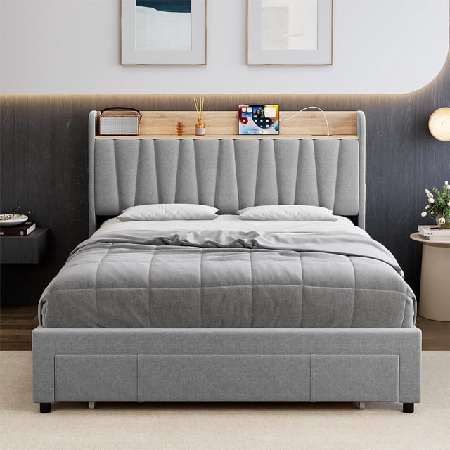 GloryStar Upholstered Bed Frame with Storage Headboard,Platform Bed Frame with Storage Drawers, Charging Station,Noise-Free, No Box Spring Needed, Easy Assembly