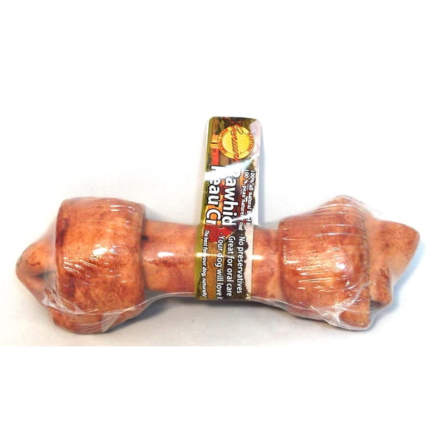 Masters Best Friend Beef Basted Rawhide Bone Dog Chews showing a 7-inch beef hide bone wrapped in clear plastic with a label highlighting no preservatives and oral care benefits, designed to help remove tartar and plaque while providing a high-protein, low-fat dog chew treat.