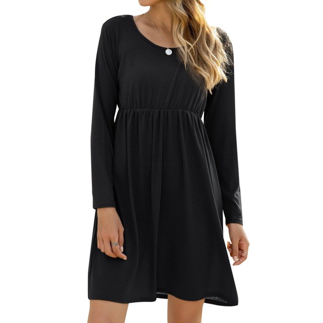 Women High Waist Long Sleeve Crew Neck Solid Color Pleated Mini Dress