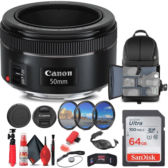 Canon EF 50mm F/1.8 STM Objectif (0570C002) + Filtre + Sac à Dos + Carte 64 Go + Plus (Modèle International)