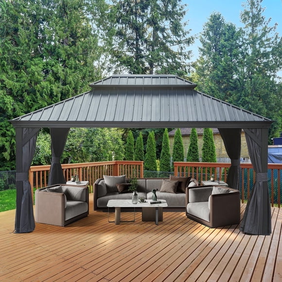 Domi Outdoor Living Pavillon à Toit Rigide 12 Pieds X 16 Pieds Pavillon Extérieur en Aluminium avec Double Toit en Acier Galvanisé pour Pelouse et Jardin, avec Rideaux et Moustiquaire (Gris)