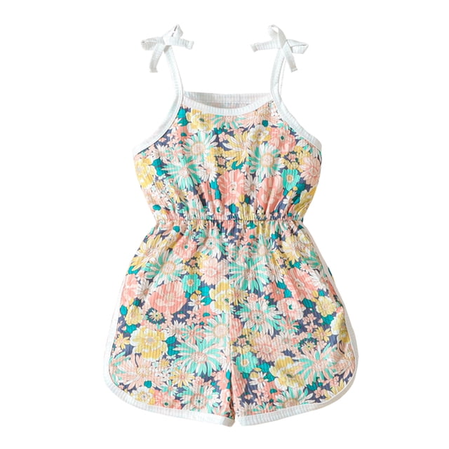 Gupgi Barboteuse Fleurie pour Tout-Petites Filles, Été, à Nouer, Sans Manches, Combinaison Courte, 1T-5T, Barboteuse à Bretelles pour Enfant