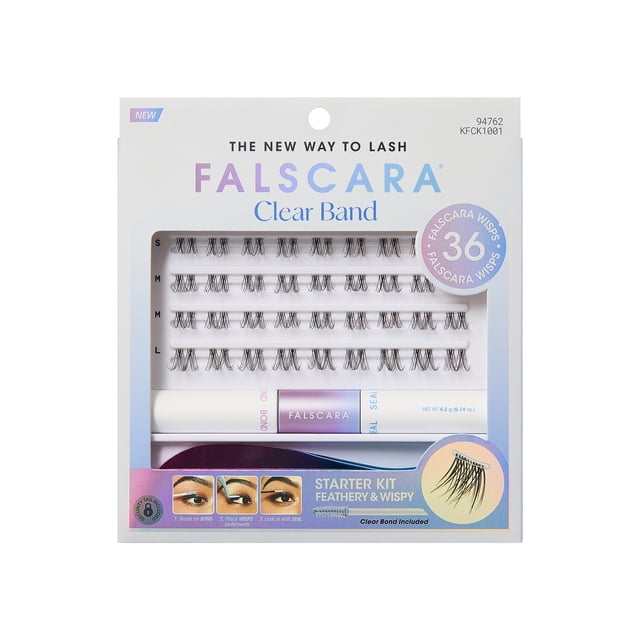KISS FALSCARA EYELASH - Trousse de Départ 01 Vue de devant Centrée Montrant l'Étiquette du Produit et une Paire de Faux Cils Noirs dans un Plateau Transparent à l'Intérieur de la Trousse de Départ Compacte sur un Fond Blanc; Souvent Utilisé pour une application de Faux-Lash Quotidienne Ou Théâtrale.