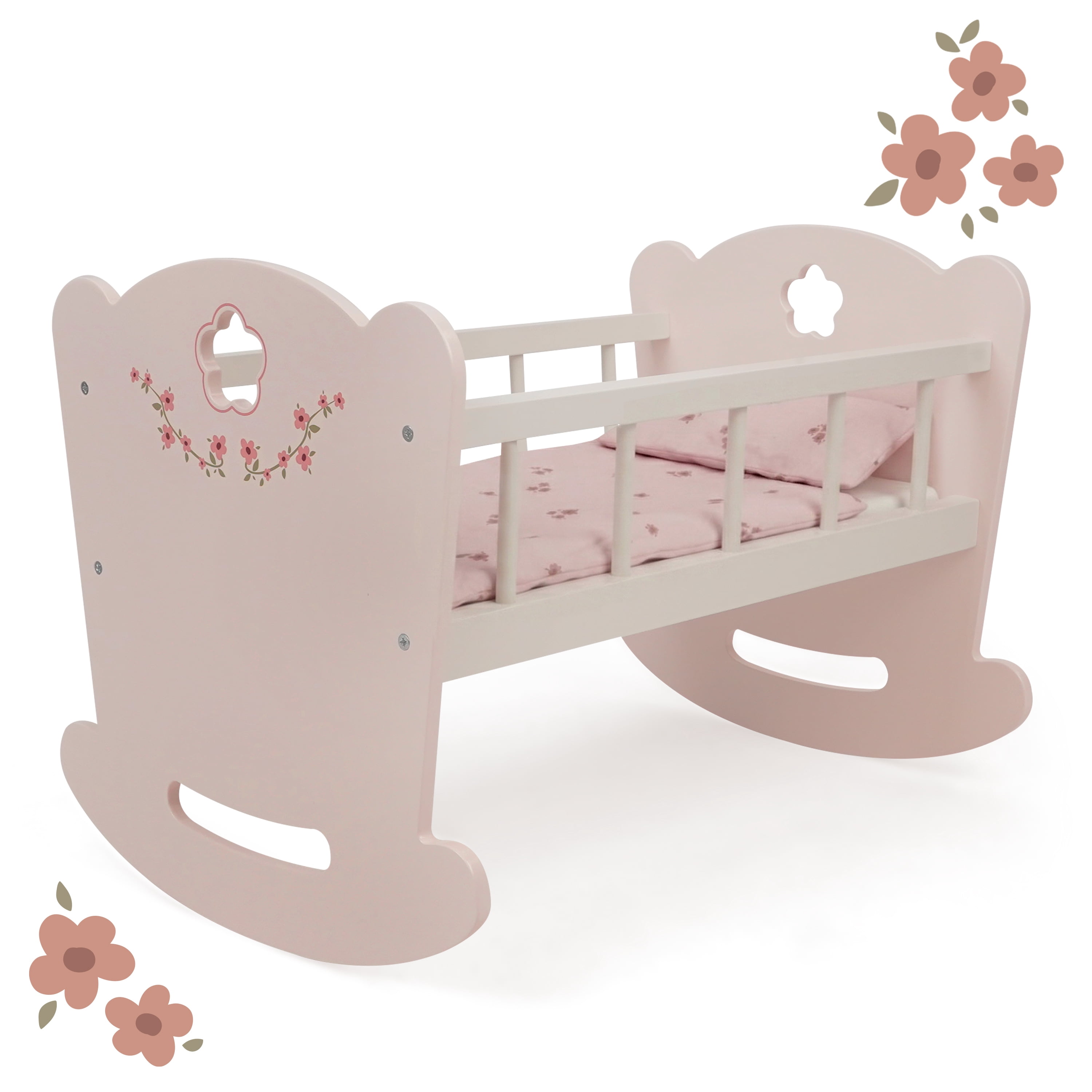 509 Crew - Ballet Flora - Berceau en bois pour poupée - Rose fleuri, accessoire pour poupée, mouvement de bercement doux, matelas et oreiller, jouet d'imitation, enfants de 3 ans et plus