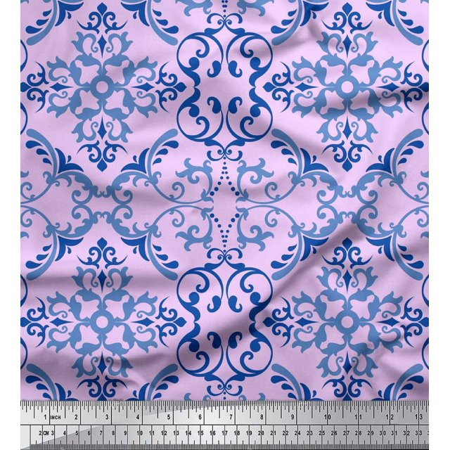 Soimoi Purple polyester Crepe Fabric Vector Design Damask Printed Fabric 1 Yard 52 Inch Wide