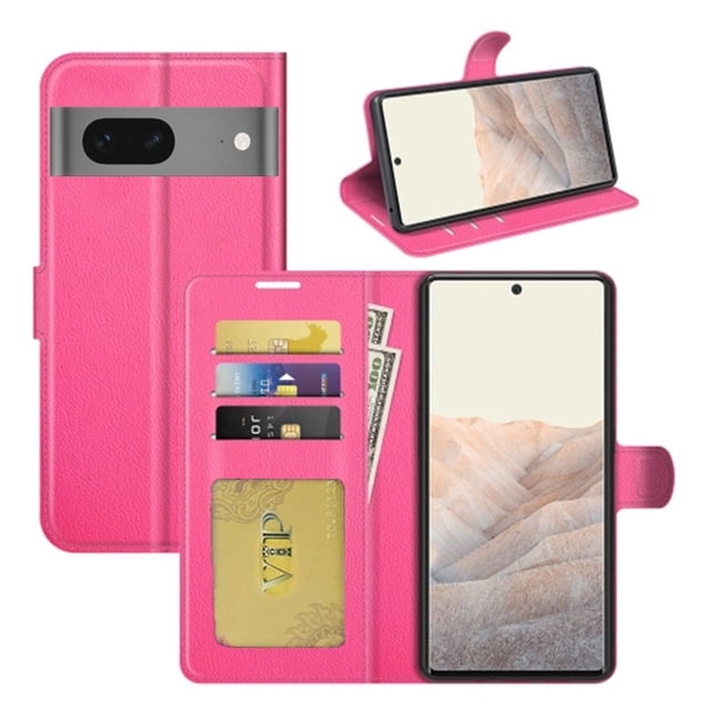 Google Pixel 8 Pro Wallet Case, Leather Magnetic Card Slot Wallet Folio Flip Case Cover in a vibrant pink color. The case features multiple credit card slots, a pocket for bills, and a magnetic clasp for secure closure. It is made of premium synthetic leather with a soft texture and includes a TPU inner case for shock absorption. The design allows the case to double as a media stand, providing functionality and style.