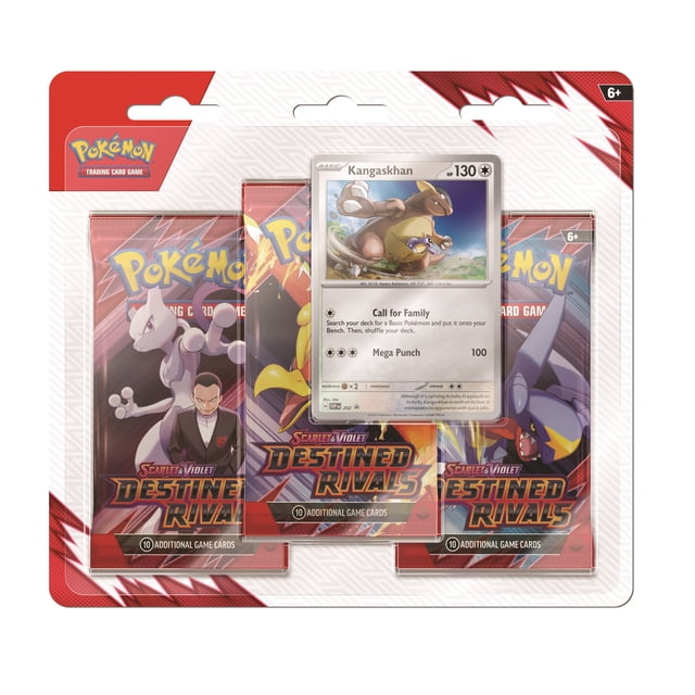 Pokémon TCG: Scarlet & Violet—Destined Rivals Three-Booster Blister - Receive 1 at Random! Front-facing sealed three-booster blister pack with visible artwork thumbnails; contains 3 booster packs (10 cards per pack) and 1 foil promo card, Pokémon branded, often used for deck-building or booster drafting.