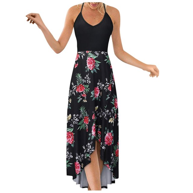 Jupes pour Femmes Mode Décontractée Col en V Sans Manches Bretelles Dos Nu Robe Imprimée Sexy