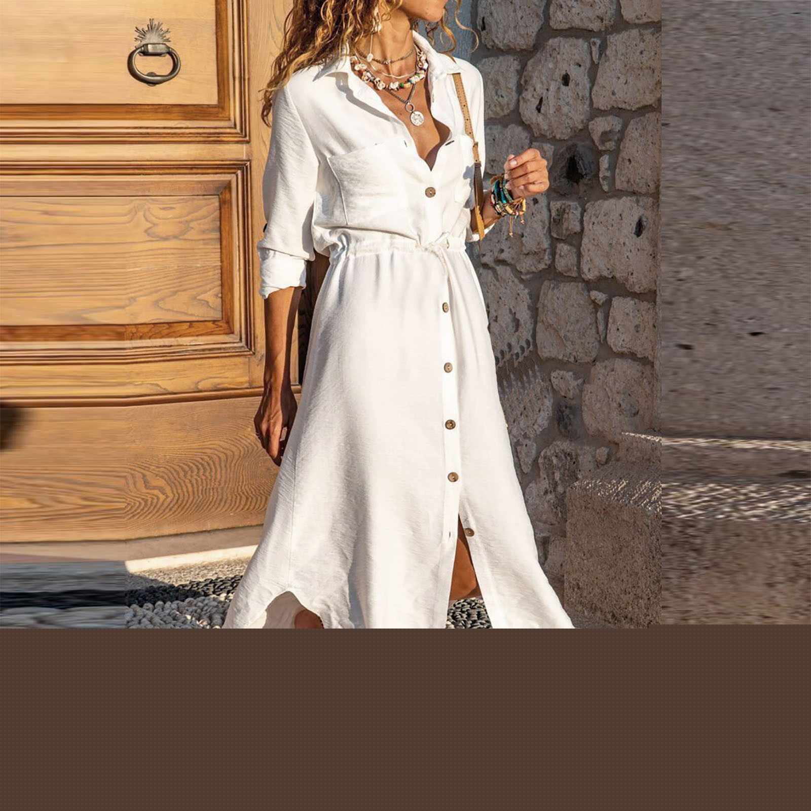 thumbnail image 1 of Robes de Printemps pour Femmes 2023 Robe Chemise Tendance pour Femmes à Couleur Unie à Simple Boutonnage avec Col à Revers et Cordon Robe en Coton et Lin Robes Maxi en Liquidation, 1 of 9