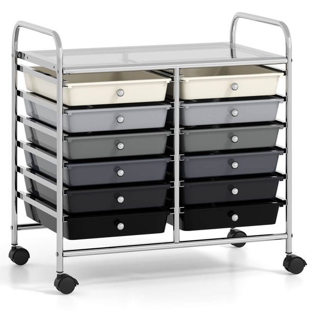Costway 12 Drawers Rolling Cart Storage Scrapbook Paper Studio Organizer Bins Gray. A versatile utility cart with 12 removable drawers in a gradient of gray tones, supported by a durable metal frame. Features a top platform for extra storage and 4 swivel wheels, 2 lockable for stability. Suitable for organizing art supplies, office materials, or tools in homes, offices, classrooms, or workshops. Often used as a portable organizer for crafting or filing needs.
