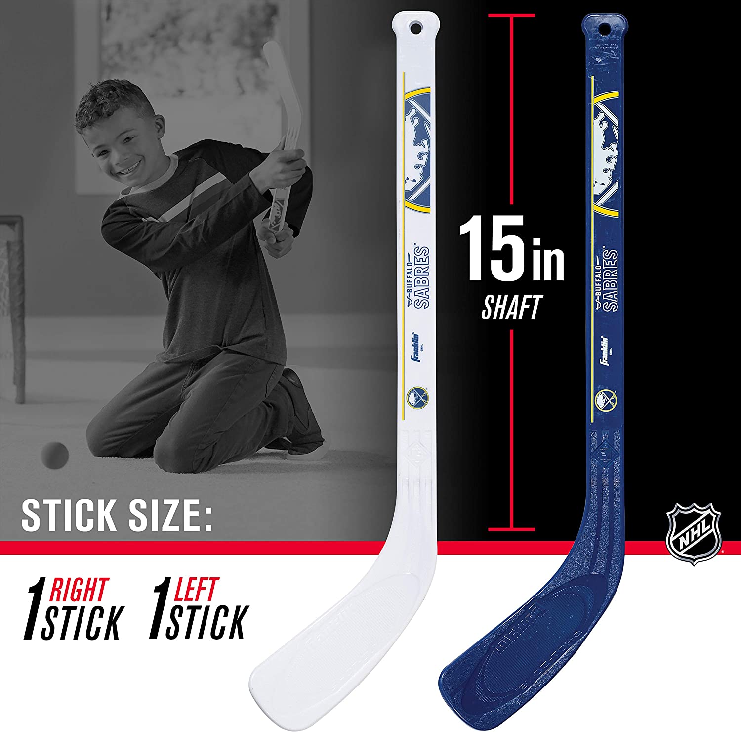 Franklin Sports Ensemble de mini hockey Sabres de la NHL – But de hockey intérieur pour enfants, ballon, 2 mini bâtons de hockey