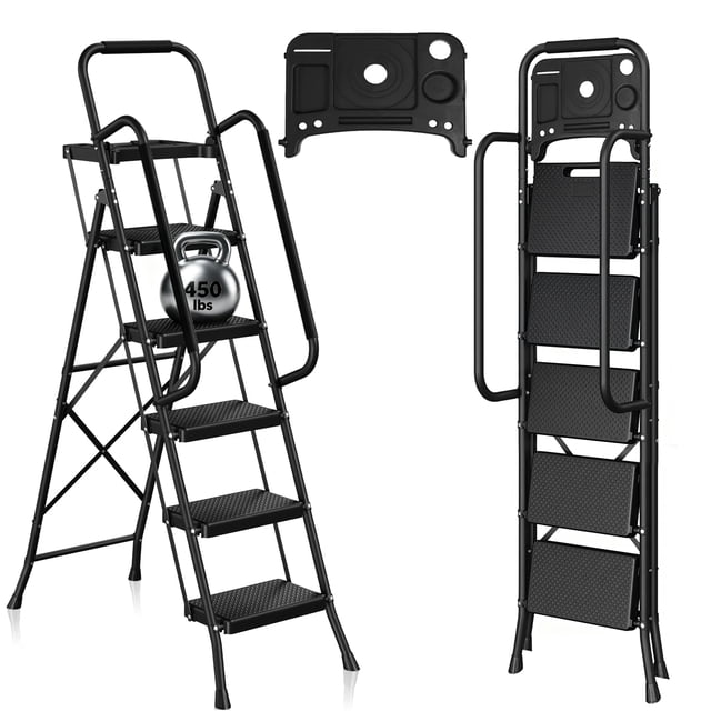 PhiloDeco 5 Step Ladder with Handrails and Tool Tray, Sturdy Metal Step Stool with Anti-Slip Wide Pedals & Safe-Lock Design, 450lbs Safety Ladder for Adults, Portable Folding Ladder for Home, Kitchen