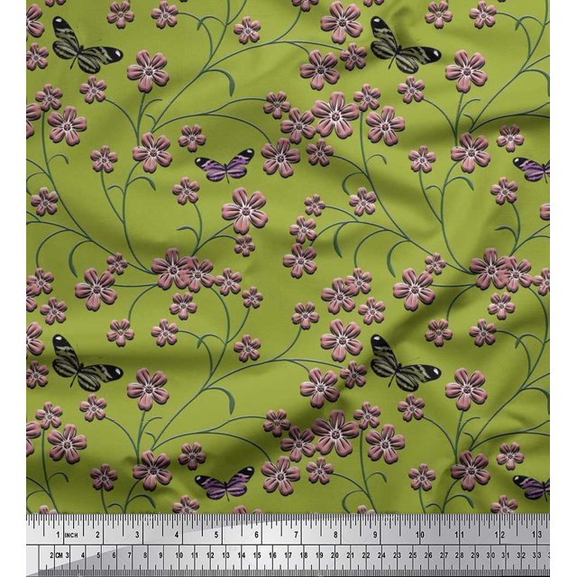 Soimoi Rayon Fabric Insect,Leaves & Flower Floral Decor Fabric Printed Yard 42 Inch Wide