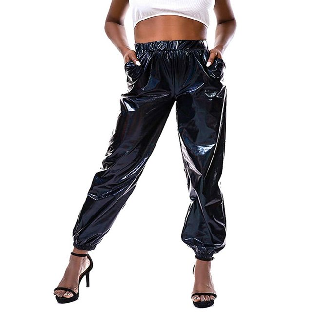 Femmes Taille Haute Brillant Métallique Extensible Hip Hop Pantalon Réfléchissant Jogger Pantalon