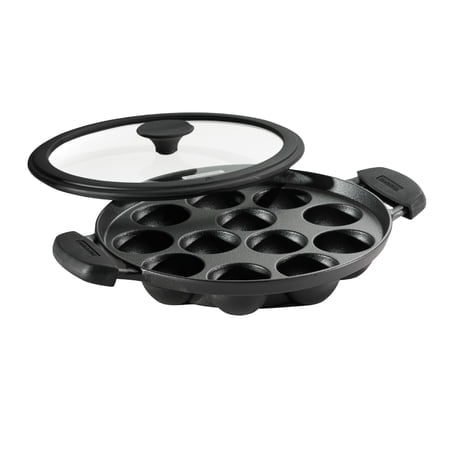 Tramontina Utsava Pre-Seasoned Cast Iron Appam Pan, 12-Hole Appe Pan with Lid, Great for Paniyaram, Takoyaki and More