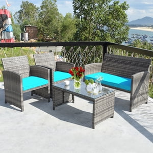 Costway 4PCS Patio Rattan Meubles Set Conversation Table en verre Top Coussioned Turquoise