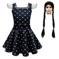 thumbnail image 1 of HAWEE Costume d'Addams pour Filles Robe Noire à Manches Volantées Robe Décontractée Fête d'Halloween Cosplay Wednesday Addams avec Perruque, Sac, 1 of 6