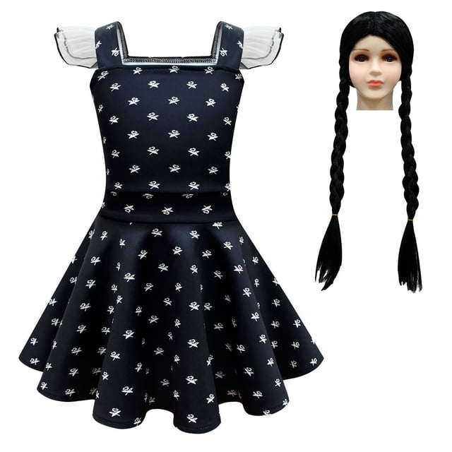 HAWEE Costume d'Addams pour Filles Robe Noire à Manches Volantées Robe Décontractée Fête d'Halloween Cosplay Wednesday Addams avec Perruque, Sac
